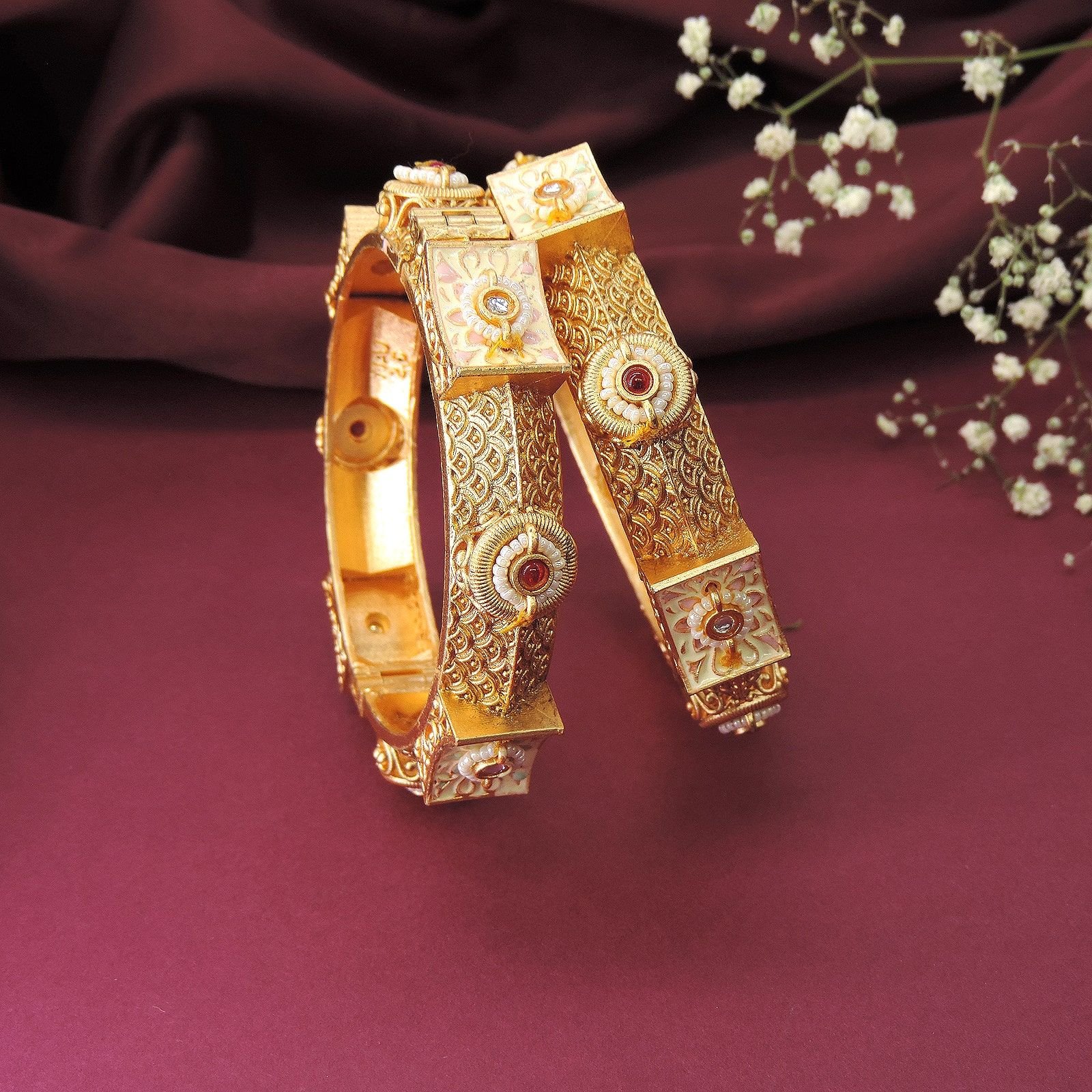 Antique Gold-Plated  Openable Temple Bangles with Red Stone Detailing