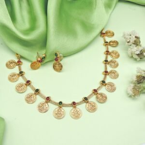 Lakshmi Coin Necklace Set with Ruby & Emerald Accents