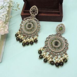 Antique Gold-Plated Green Kundan Chandbali Earrings with Pearls