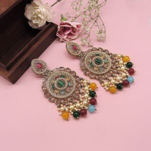 Antique Gold-Plated Multicolor Kundan Chandbali Earrings with Pearls