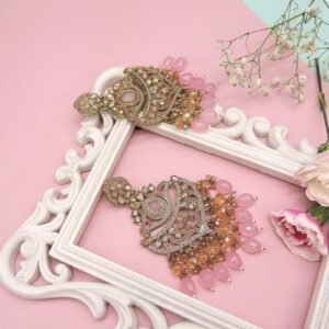 Antique Gold-Plated Pastel Pink & Peach Kundan Chandelier Earrings