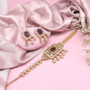 Gold Plated Necklace with Purple Stone & Matching Earrings