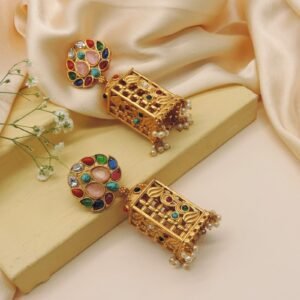 Gold-Plated Multi-Stone Temple Jhumka Earrings