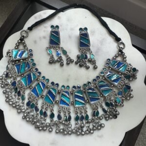 Oxidized silver look-alike choker necklace set with blue & turquoise enamel and matching earrings. Perfect for festive, ethnic, and boho looks.