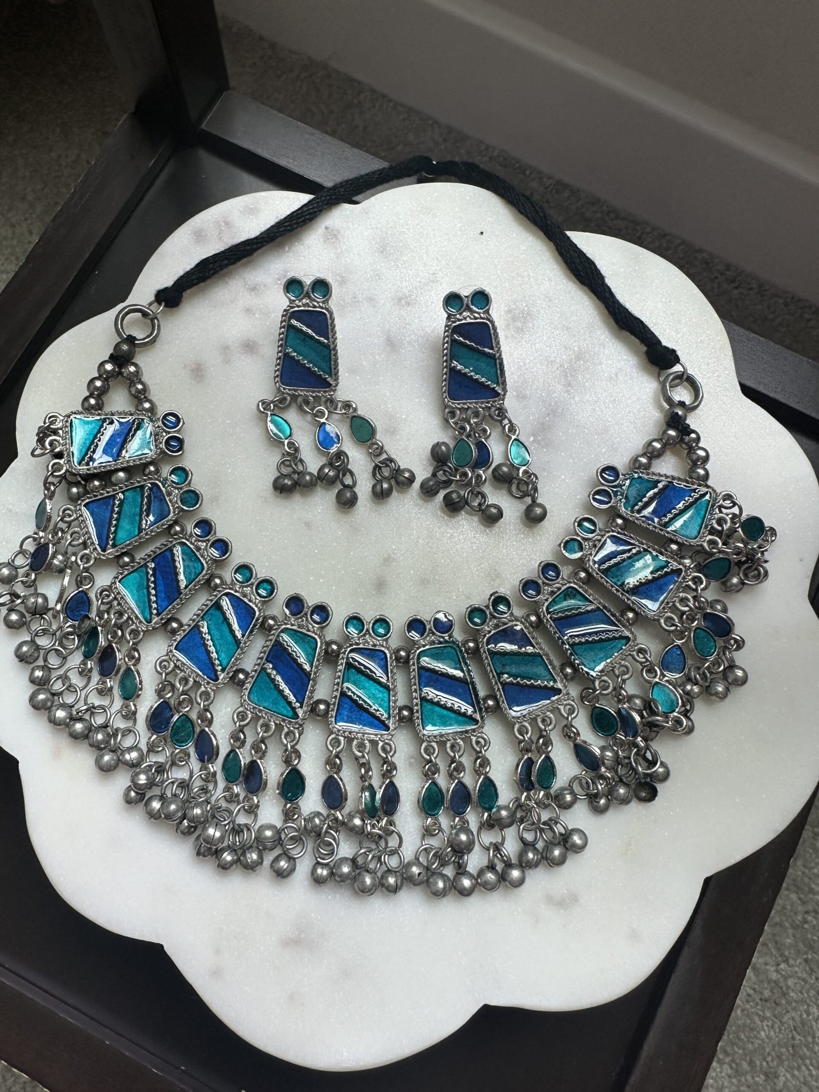 Oxidized silver look-alike choker necklace set with blue & turquoise enamel and matching earrings. Perfect for festive, ethnic, and boho looks.