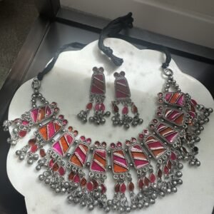 Oxidized choker necklace set with pink & orange Afghani work and matching earrings. Perfect for weddings, festivals, and boho looks.