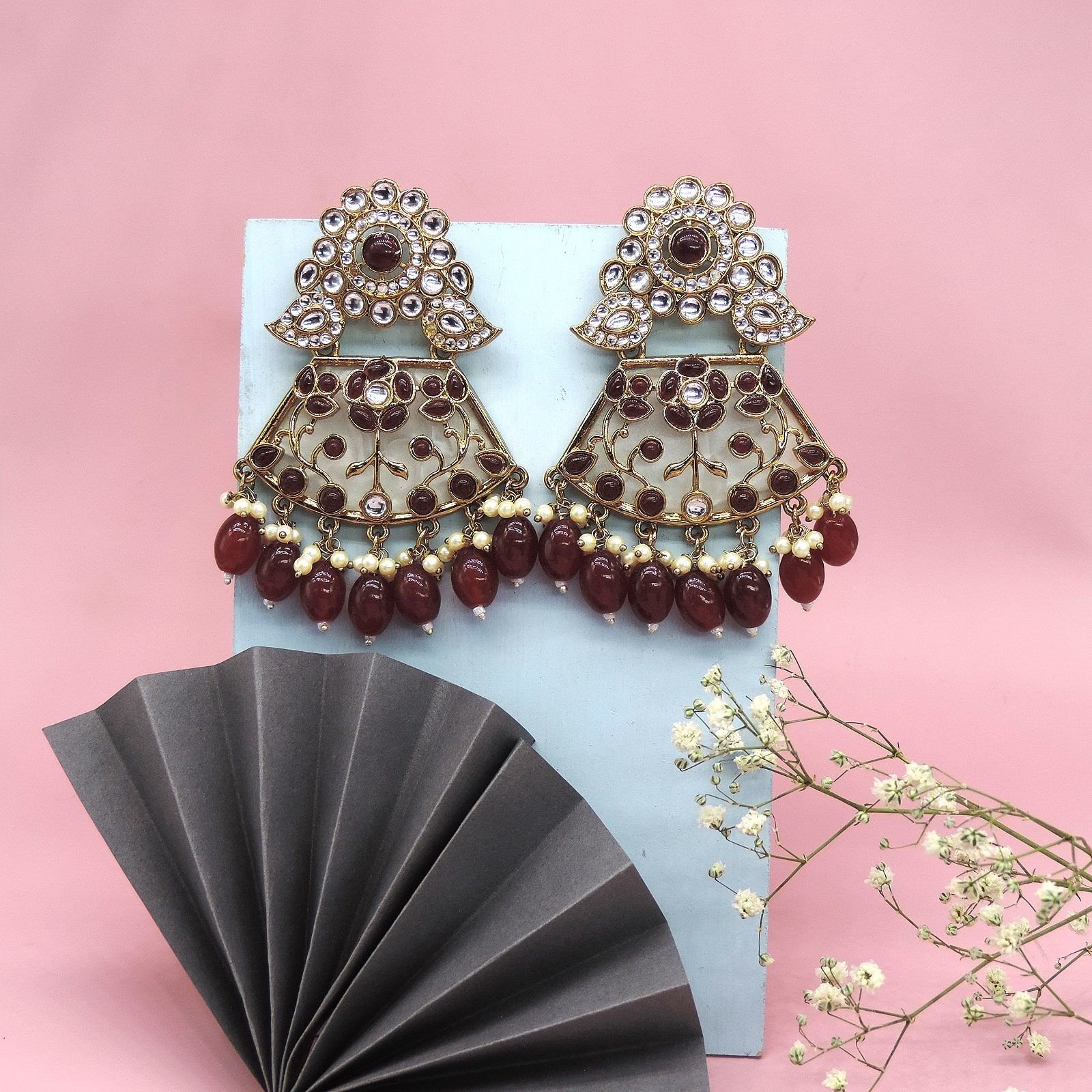 Maroon Kundan Statement Earrings