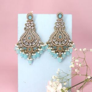 Aqua Kundan & Pearl Chandelier Earrings – Statement Ethnic Jewelry