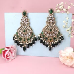 Emerald Green Kundan & Pearl Chandelier Earrings – Bridal Statement Jewelry