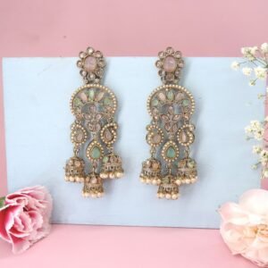 Pastel Kundan Long Chandelier Earrings with Jhumka Drops – Elegant Festive Jewelry