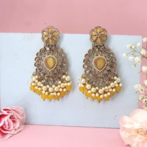 Yellow Kundan & Pearl Chandelier Earrings – Festive Party Jewelry