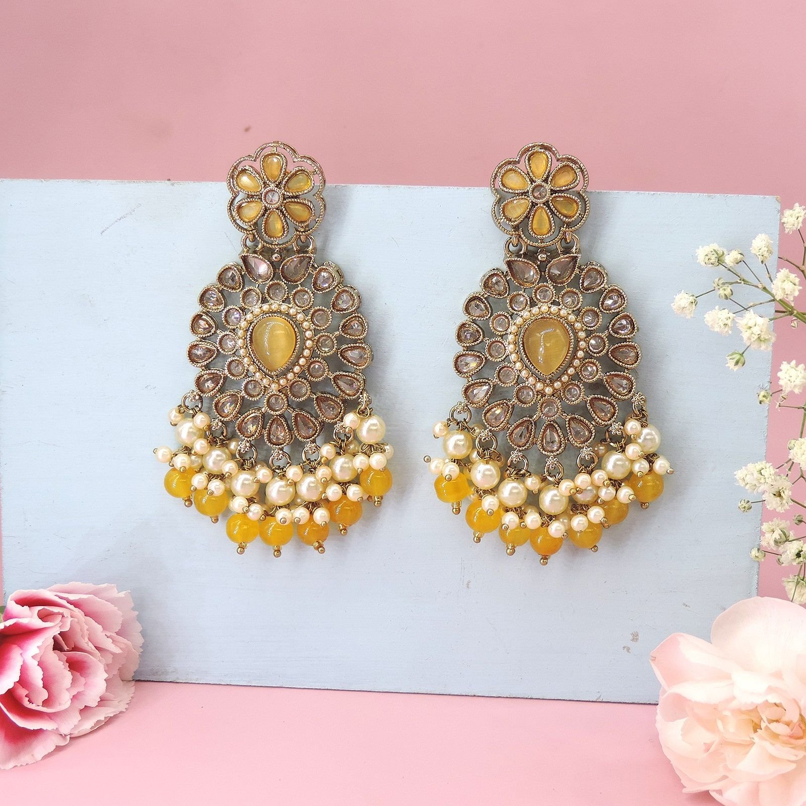 Yellow Kundan & Pearl Chandelier Earrings – Festive Party Jewelry
