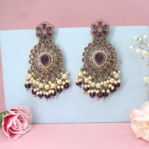 Regal Kundan & Pearl Statement Earrings – Purple & Gold