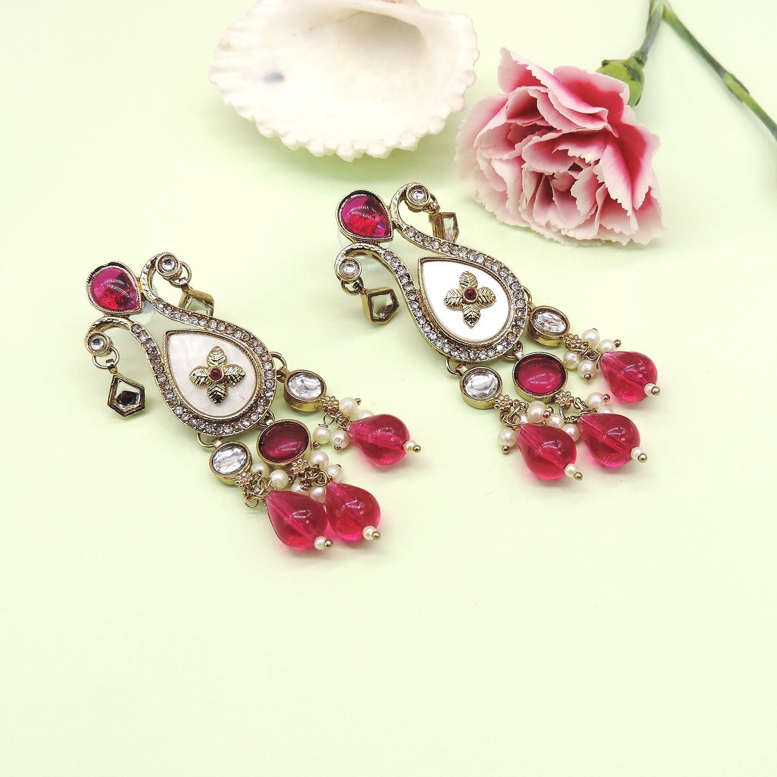 Ivory & Ruby Kundan Earrings with Pearl Drops – Classic Heritage Design