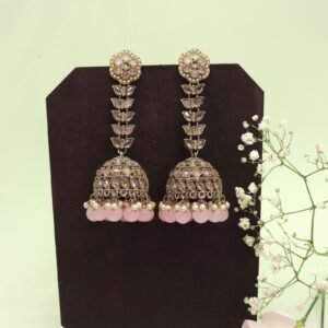 Antique Gold Jhumka Earrings with Pink Beads | Joyrias Jewelry