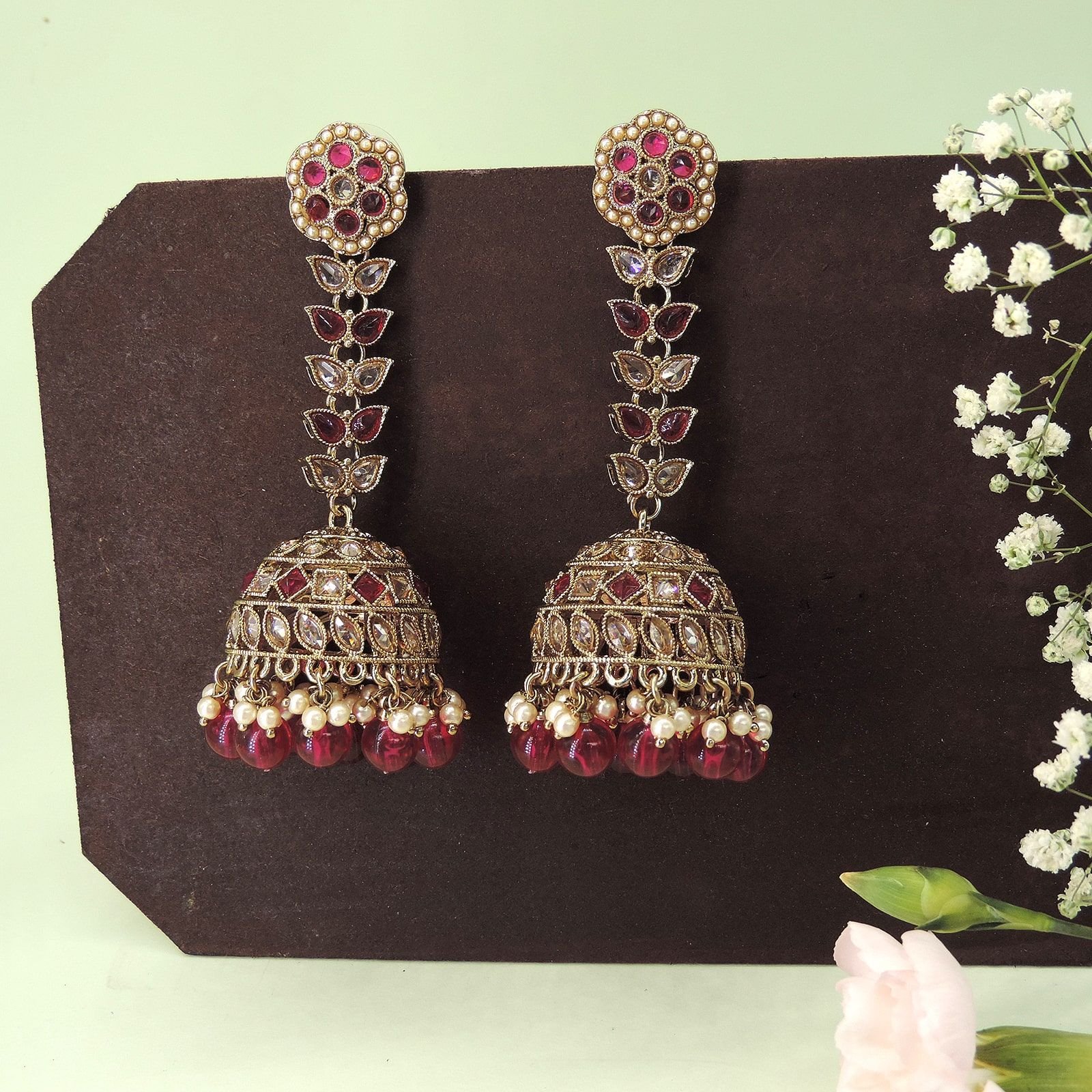 Antique Gold Ruby Jhumka Earrings with Pearl Accents | Joyrias Jewelry