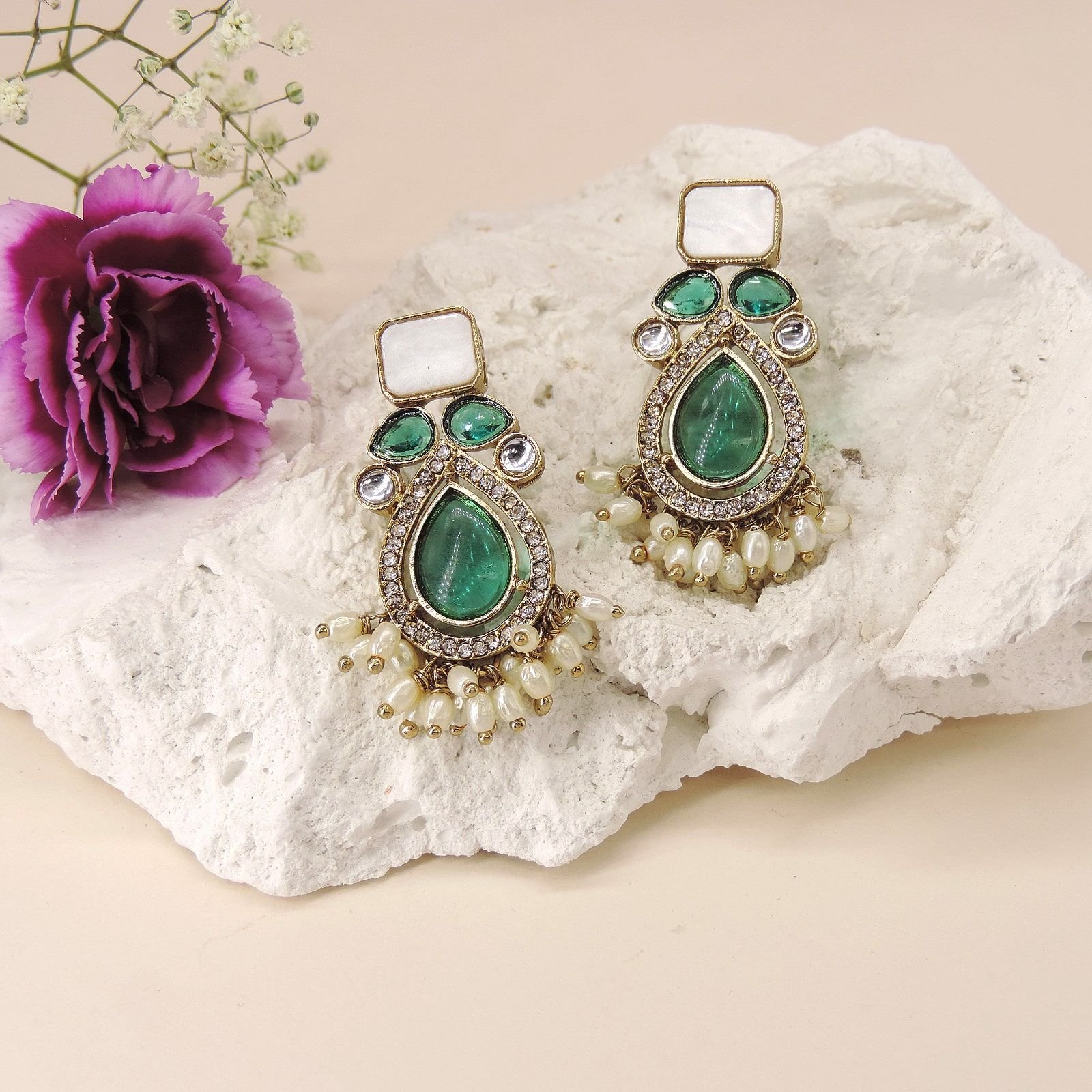 Green Kundan Statement Earrings | Pearl Drop Indian Festive Earrings | Bridal & Party Wear Jewelry