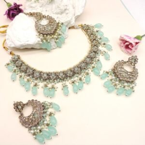 Mint Drop Kundan Necklace Set – Statement Bridal Choker with Earrings