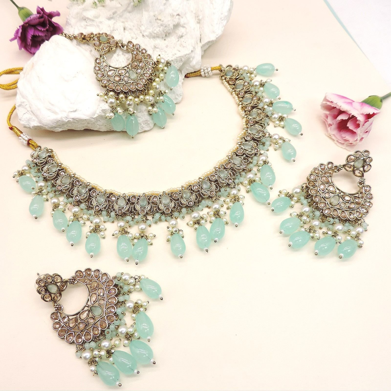 Mint Drop Kundan Necklace Set – Statement Bridal Choker with Earrings