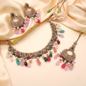 Multicolor Kundan Necklace Set – Bridal Choker with Earrings & Maang Tikka