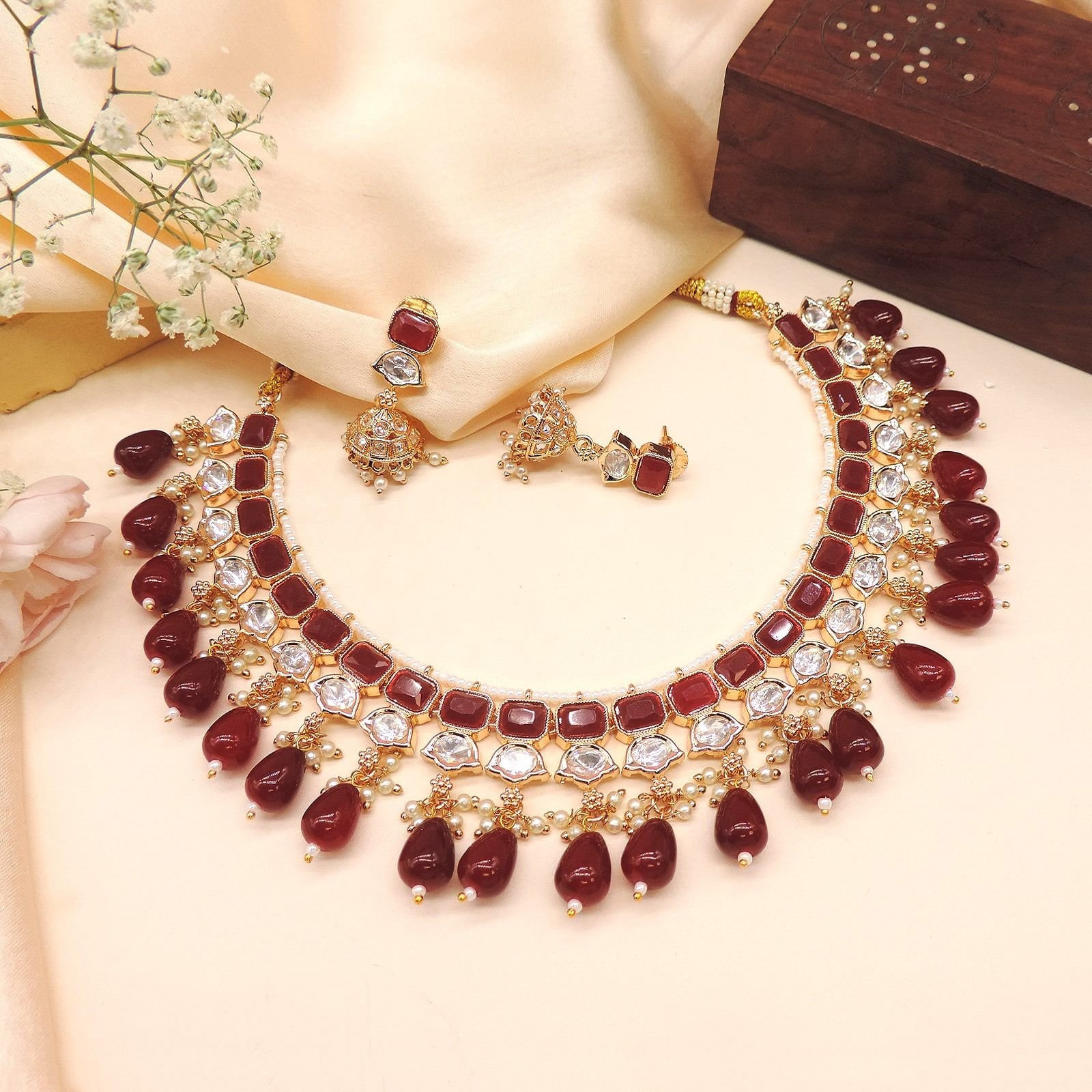 Wine Red Kundan Necklace Set – Bridal Choker with Earrings