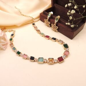 Multicolor Stone Necklace Set – Minimal Gold Finish Necklace with Earrings