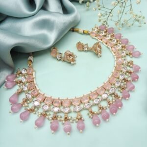 Pastel Pink Kundan Necklace Set – Bridal Choker with Earrings