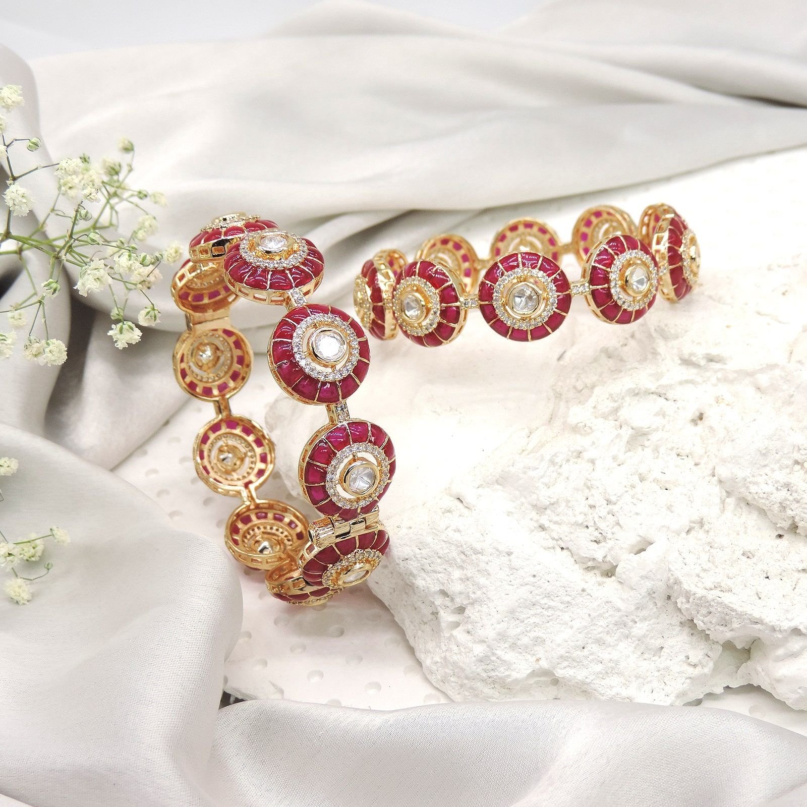 Ruby Red Moissanite Kundan Bangles – Premium Gold Finish Traditional Kada Set