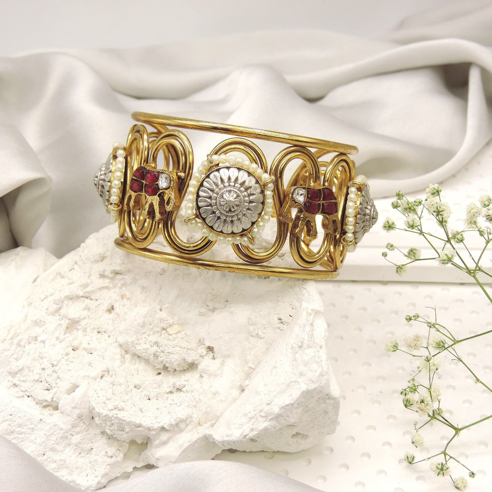 Heritage Elephant Motif Kada – Antique Gold Finish Cuff Bangle with Pearls