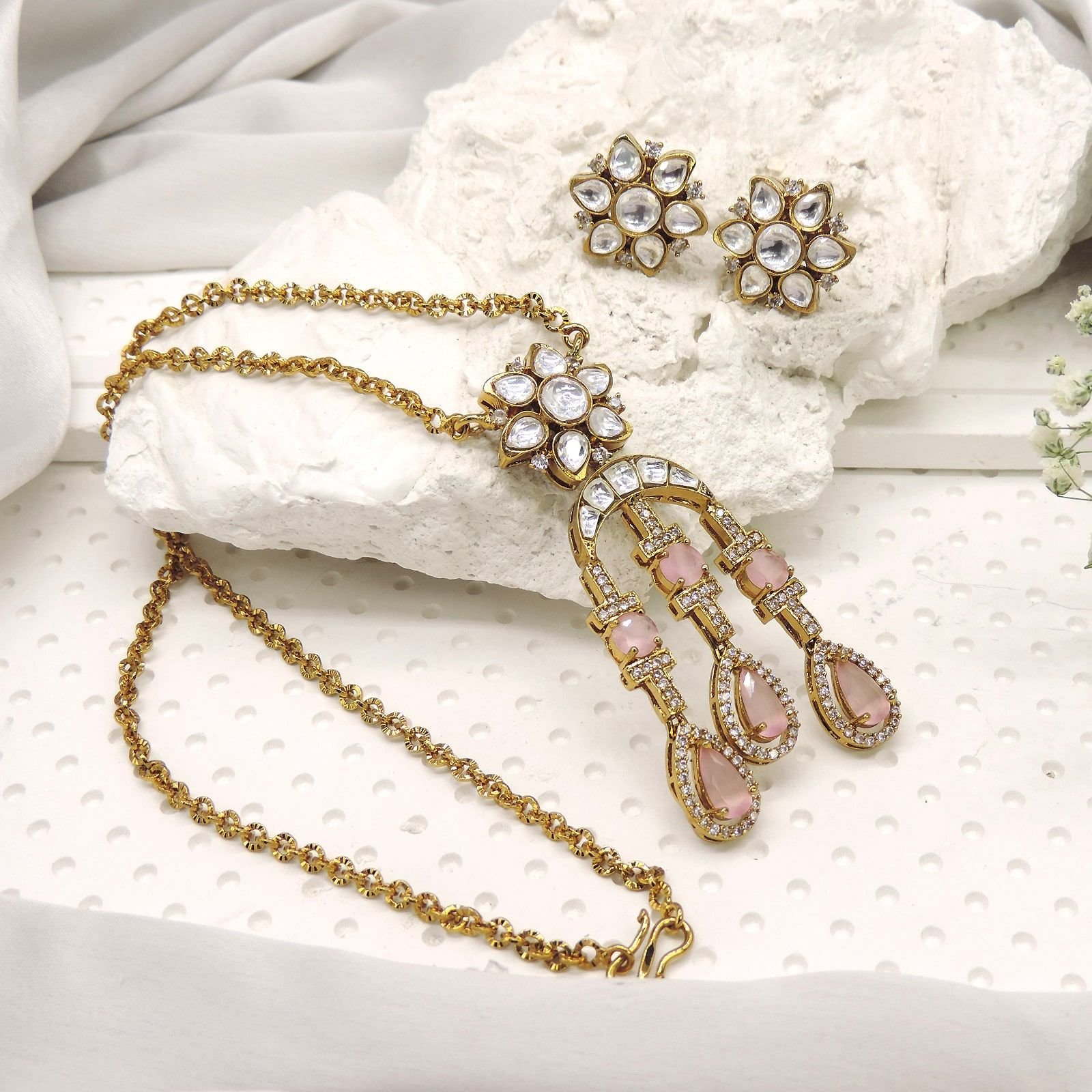 Pink Stone Kundan Necklace Set with Matching Earrings